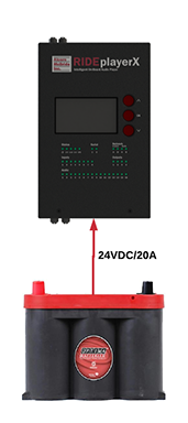 A RidePlayerX plugged into a Battery