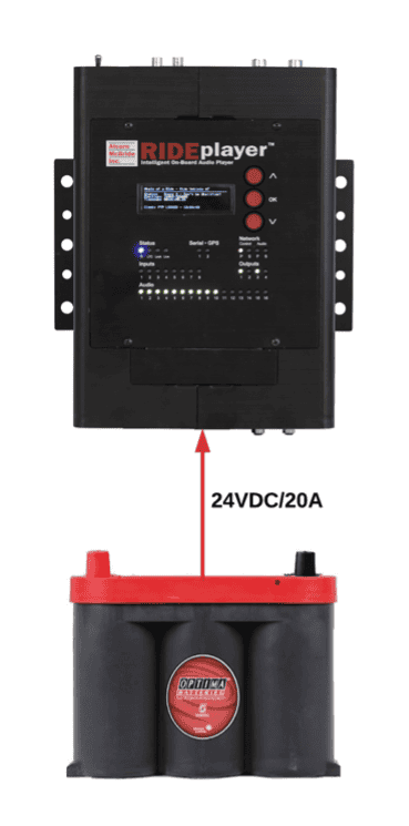 A RidePlayer plugged into a 12V Battery