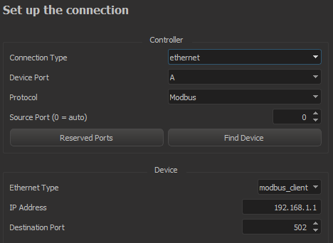 Modbus Configuration Window
